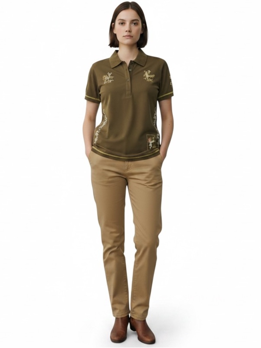 Bogner Olive Brown Embroidered Polo Shirt with Satin Patch   ~   size 10